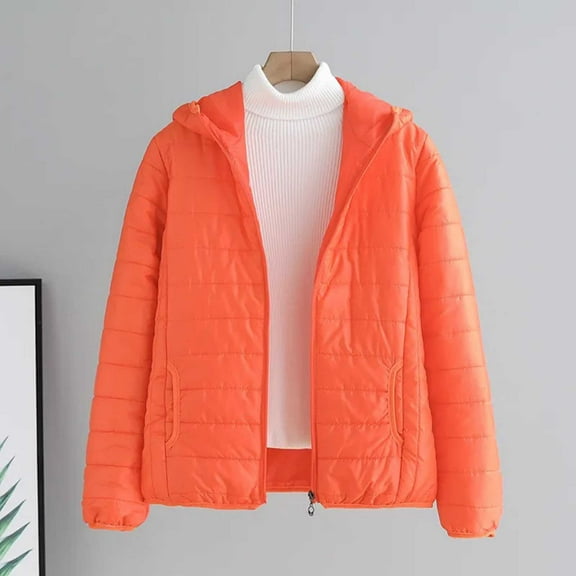 BLTIBY Women's Winter Thin Cotton Coat Cropped Solid Color Zip Up Warm Outwear Hooded Down Lightweight Quilted Jacket Padded Outwear with Pockets Orange M