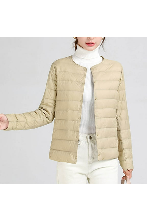 Women's Winter Thin Cotton Coat Short Solid Color Button Down Warm Lightweight Quilted Jacket Padded Outwear with Pockets Gold L