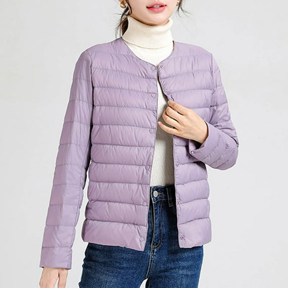 BLTIBY Women's Winter Thin Cotton Coat Short Solid Color Button Down Warm Lightweight Quilted Jacket Padded Outwear with Pockets Purple 4XL