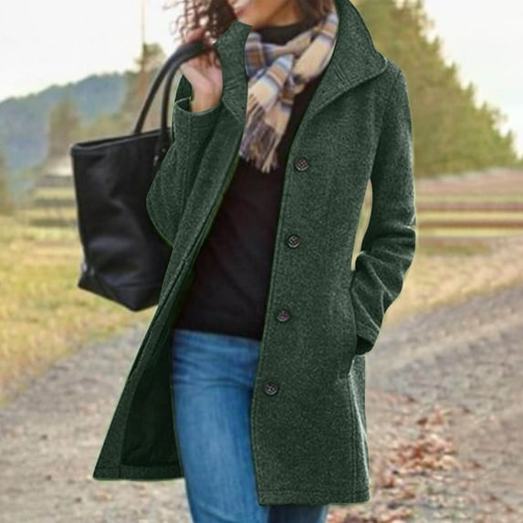 BLTIBY Women's Winter Wool Coats Fall Winter Solid Color Lapel Cardigan Warm Jackets Midi Long Long Sleeve Coats with Pockets Green XL