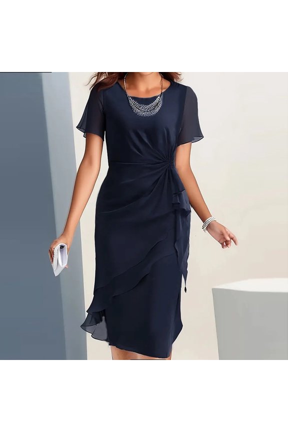 Women's Wrap Round Neck Dress Flutter Sleeve Chiffon Dresses Cocktail Wedding Guest Dress Layered Ruffle Flowy Slim Fit Midi Dresses Dark Blue XXL