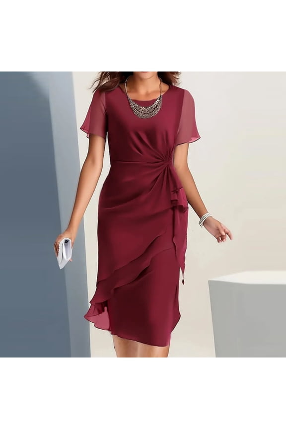 Women's Wrap Round Neck Dress Flutter Sleeve Chiffon Dresses Cocktail Wedding Guest Dress Layered Ruffle Flowy Slim Fit Midi Dresses Wine XXL