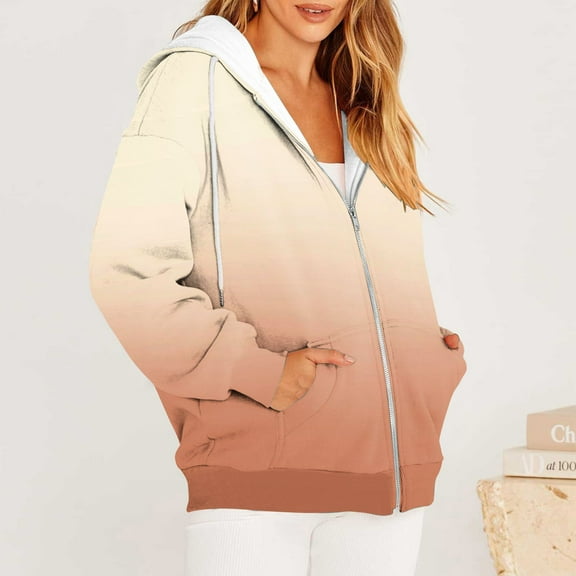 BLTIBY Women's Zip Up Sweatshirt Jacket Hooded Fall Gradient Printed Drawstring Lightweight Outwear Comfortable Casual Coat with Pockets Beige L