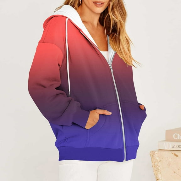 BLTIBY Women's Zip Up Sweatshirt Jacket Hooded Fall Gradient Printed Drawstring Lightweight Outwear Comfortable Casual Coat with Pockets Hot Pink 2 S