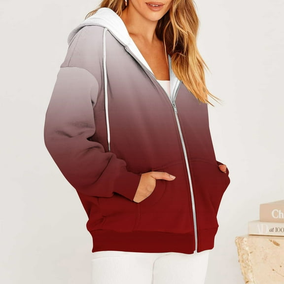 BLTIBY Women's Zip Up Sweatshirt Jacket Hooded Fall Gradient Printed Drawstring Lightweight Outwear Comfortable Casual Coat with Pockets Red 2 L