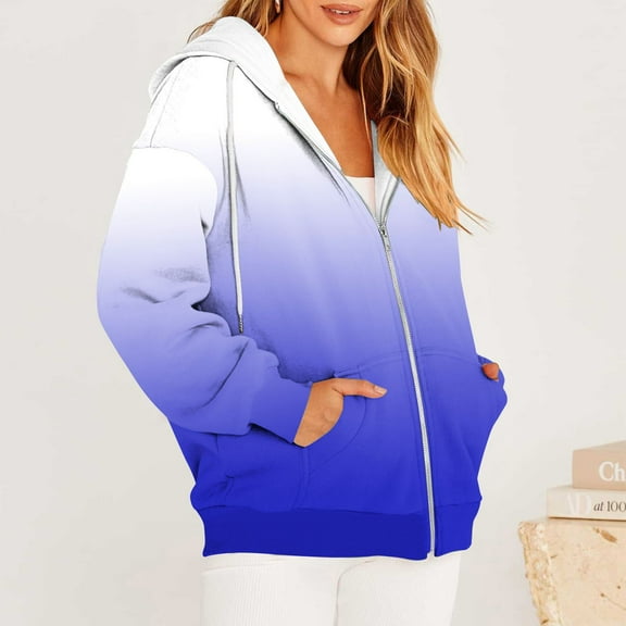 BLTIBY Women's Zip Up Sweatshirt Jacket Hooded Fall Gradient Printed Drawstring Lightweight Outwear Comfortable Casual Coat with Pockets Sky Blue L