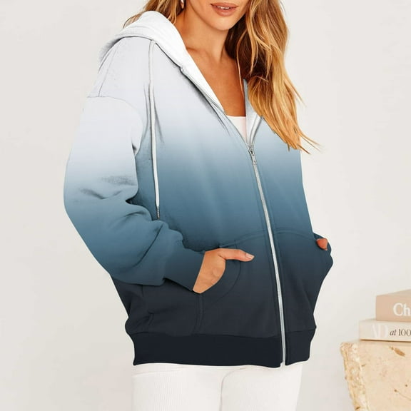 BLTIBY Women's Zip Up Sweatshirt Jacket Hooded Fall Gradient Printed Drawstring Lightweight Outwear Comfortable Casual Coat with Pockets White 2 L