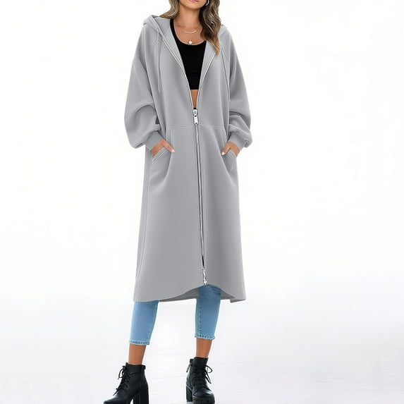BLTIBY Women's Zip Up Sweatshirt Jacket Hooded Fall Solid Color Drawstring Long Outwear Lightweight Comfortable Casual Coat with Pockets Gray L