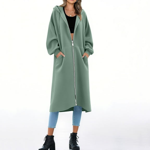 BLTIBY Women's Zip Up Sweatshirt Jacket Hooded Fall Solid Color Drawstring Long Outwear Lightweight Comfortable Casual Coat with Pockets Green 3XL