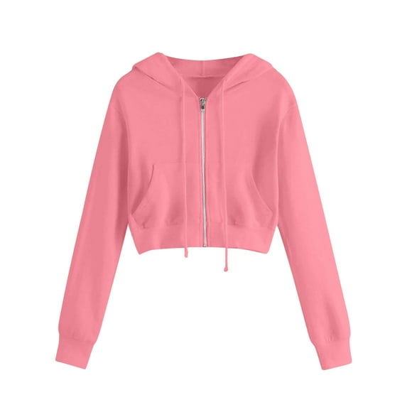 BLTIBY Women's Zip Up Sweatshirt Jacket Hoodies Fall Solid Color Cropped Coat Drawstring Comfort Lightweight Casual Outwear with Pockets Pink XL