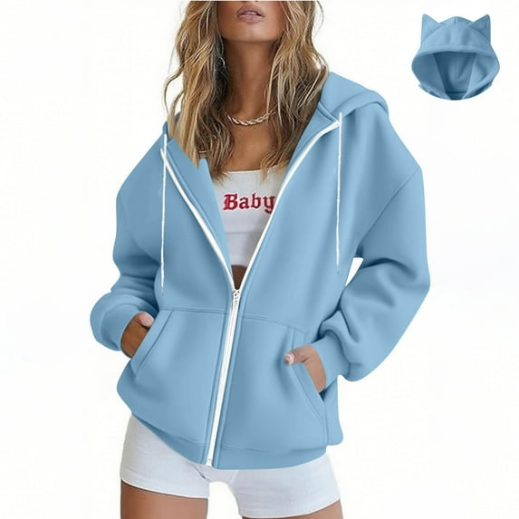 BLTIBY Women's Zip Up Sweatshirt Jacket Hoodies Fall Solid Color Thin Coat Comfort Lightweight Casual Outwear with Pockets Light Blue M