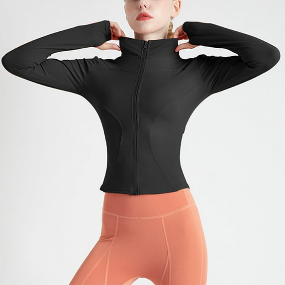 BLTIBY Women's Zip Up Workout Jacket Top Solid Color Standing Collar Slim Yoga Lightweight Athletic Jackets Cropped Running Gym Tops with Thumb Holes Black M