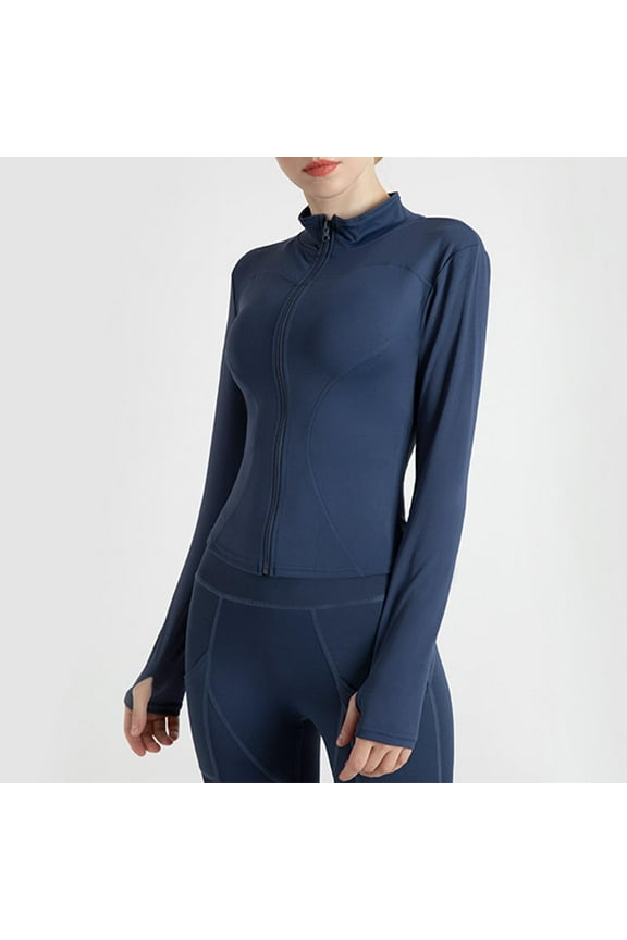 Women's Zip Up Workout Jacket Top Solid Color Standing Collar Slim Yoga Lightweight Athletic Jackets Cropped Running Gym Tops with Thumb Holes Dark Blue 3XL