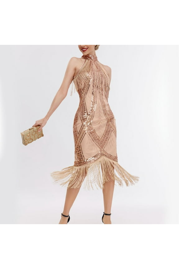 Womens 1920s Vintage Sequin Dress Halter Sleeveless Glitter Fringed Party Elegant Tassels Cocktail Dresses Beige M