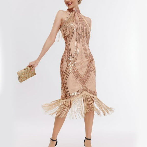 BLTIBY Womens 1920s Vintage Sequin Dress Halter Sleeveless Glitter Fringed Party Elegant Tassels Cocktail Dresses Beige M
