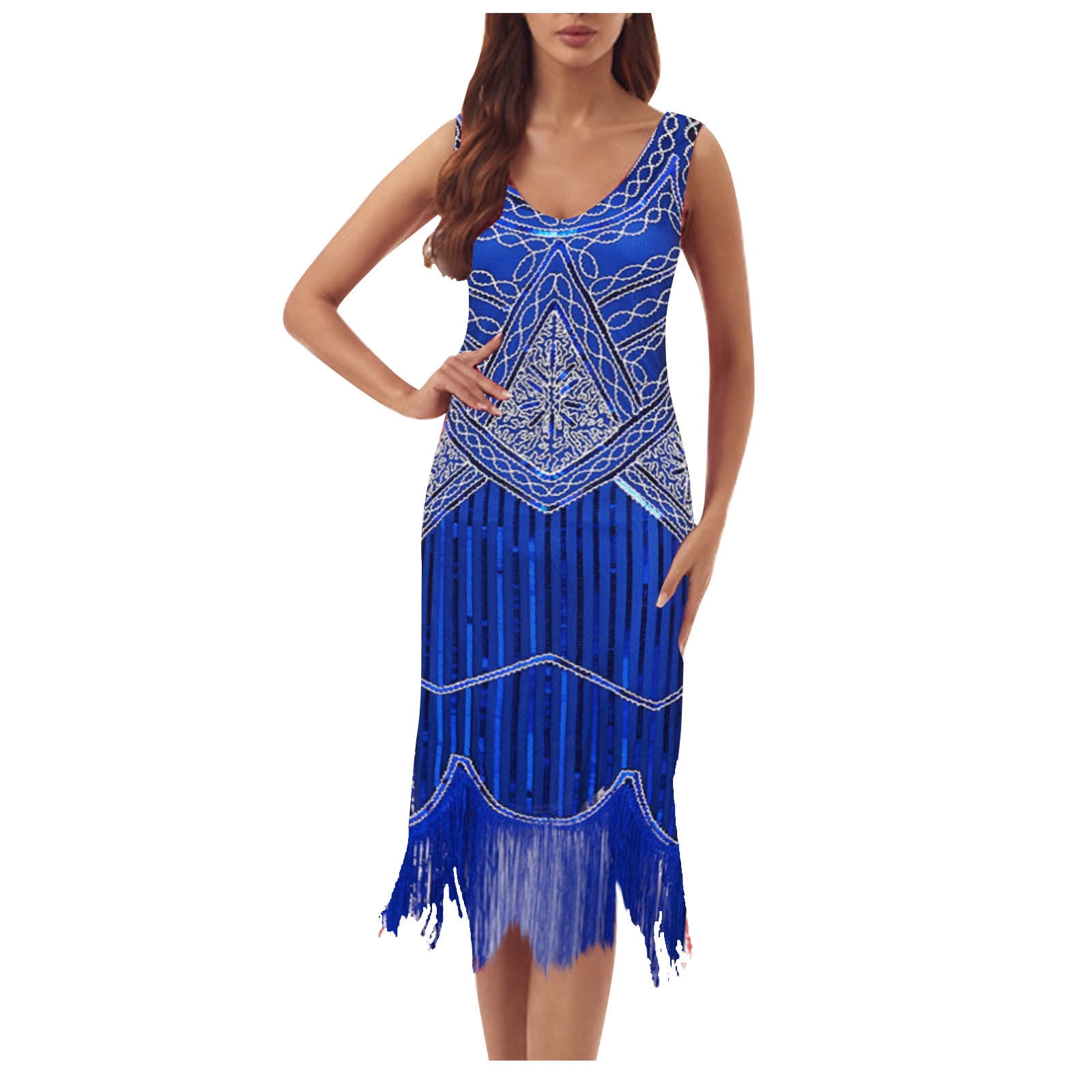 Dark Blue Midi V-Neck Fringed Sequins 1920s Dress with Accessories Set