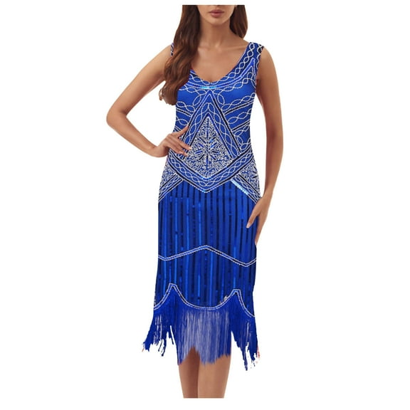 BLTIBY Womens 1920s Vintage Sequin Dress V Neck Sleeveless Glitter Fringed Party Elegant Tassel Evening Party Cocktail Dresses Blue XL
