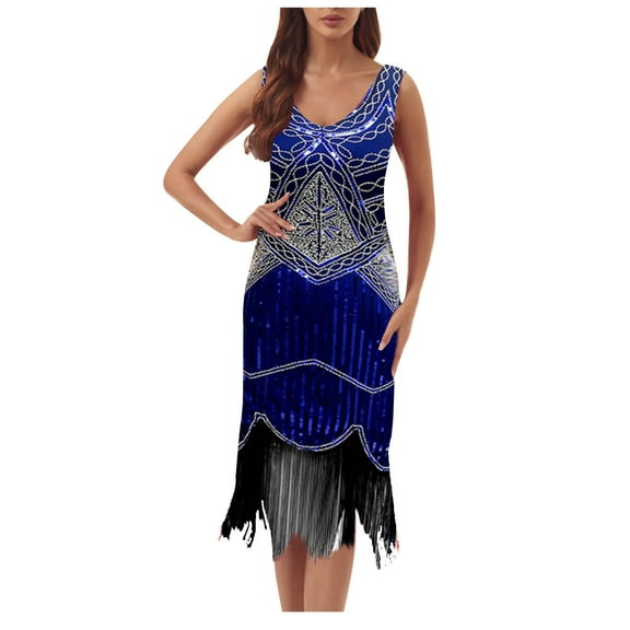 BLTIBY Womens 1920s Vintage Sequin Dress V Neck Sleeveless Glitter Fringed Party Elegant Tassel Evening Party Cocktail Dresses Dark Blue XL