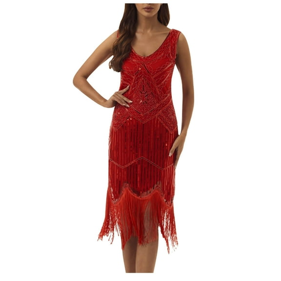 BLTIBY Womens 1920s Vintage Sequin Dress V Neck Sleeveless Glitter Fringed Party Elegant Tassel Evening Party Cocktail Dresses Red L