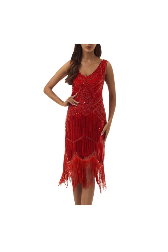Womens 1920s Vintage Sequin Dress V Neck Sleeveless Glitter Fringed Party Elegant Tassel Evening Party Cocktail Dresses Red S