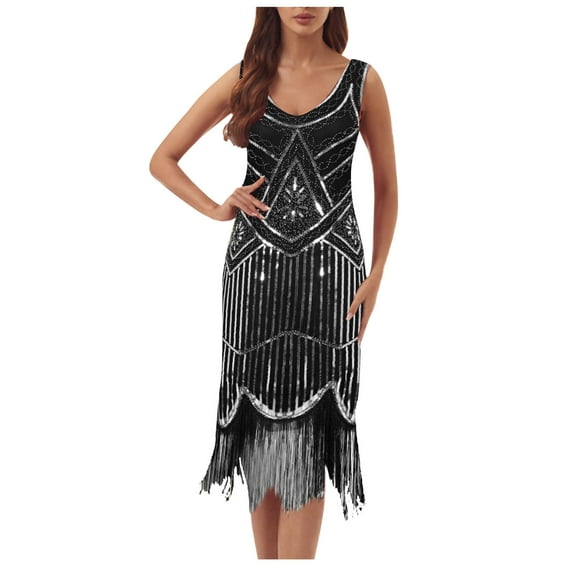 BLTIBY Womens 1920s Vintage Sequin Dress V Neck Sleeveless Glitter Fringed Party Elegant Tassel Evening Party Cocktail Dresses Silver L