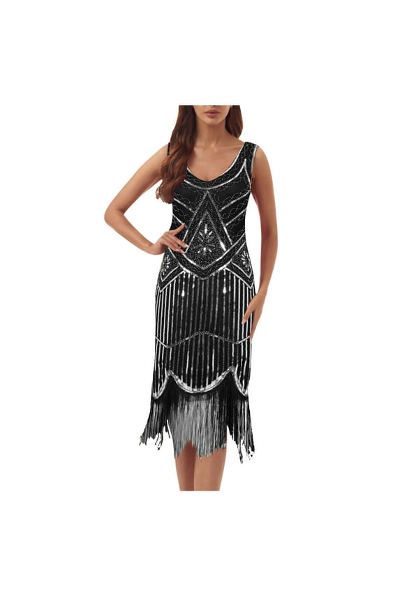 Womens 1920s Vintage Sequin Dress V Neck Sleeveless Glitter Fringed Party Elegant Tassel Evening Party Cocktail Dresses Silver S