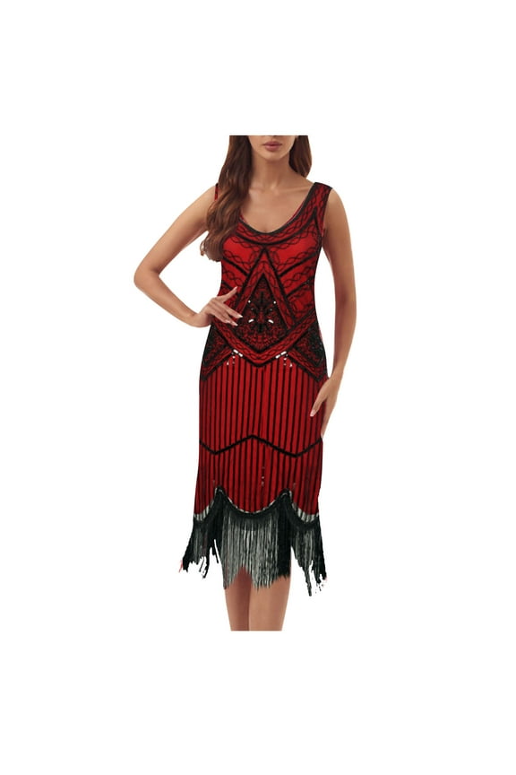 Womens 1920s Vintage Sequin Dress V Neck Sleeveless Glitter Fringed Party Elegant Tassel Evening Party Cocktail Dresses Wine L