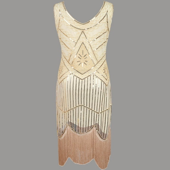 BLTIBY Womens 1920s Vintage Sequin Dress V Neck Sleeveless Glitter Fringed Party Elegant Tassels Evening Party Cocktail Dresses Beige M