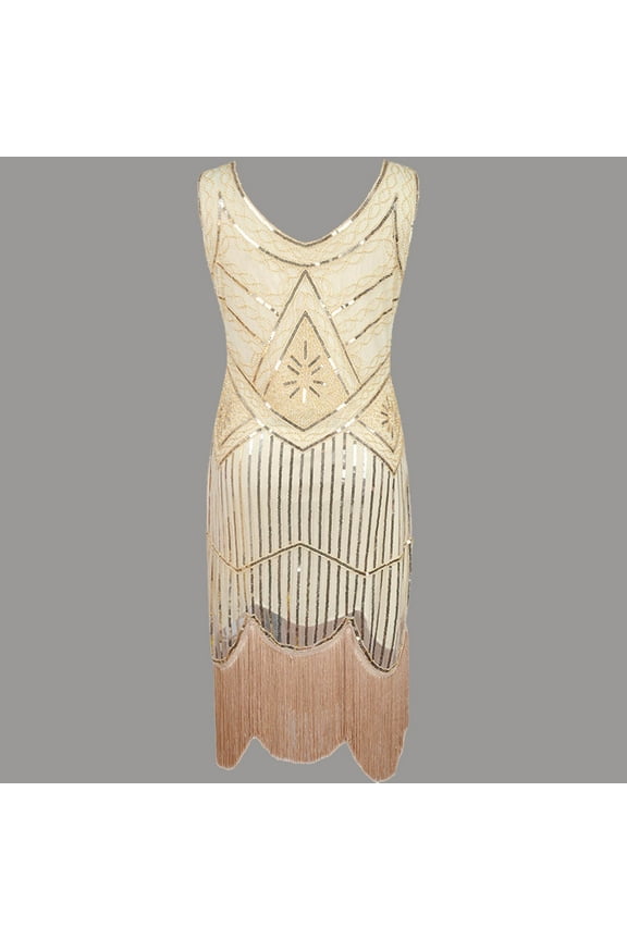 Womens 1920s Vintage Sequin Dress V Neck Sleeveless Glitter Fringed Party Elegant Tassels Evening Party Cocktail Dresses Beige XL