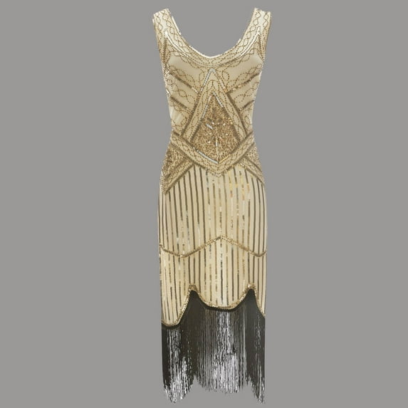 BLTIBY Womens 1920s Vintage Sequin Dress V Neck Sleeveless Glitter Fringed Party Elegant Tassels Evening Party Cocktail Dresses Yellow XXL