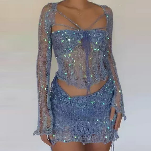 BLTIBY Womens 2 PC Set Summer Solid Color Beaded Knitted Hollow Out Bra with Long Sleeve Skirt Fashion Outfits Blue 2 XL