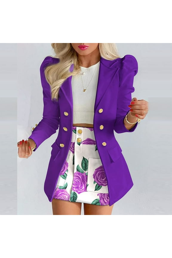 Womens 2 Piece Blazer Set Ladies Formal Office Work Business Blazer Open Front Cardigan Coat and Skirts with Pockets Suits Purple L