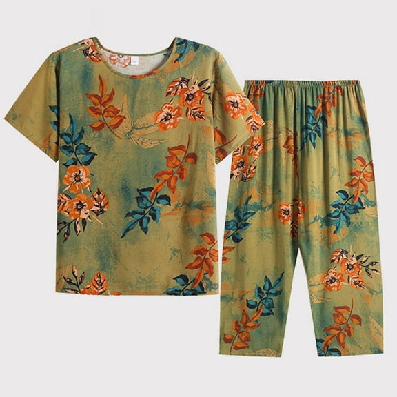 BLTIBY Womens 2 Piece Outfits 2025 Summer Gradient Sets Round Neck Short Sleeve Top Loose Pants Jogger Lounge Set Green 4XL