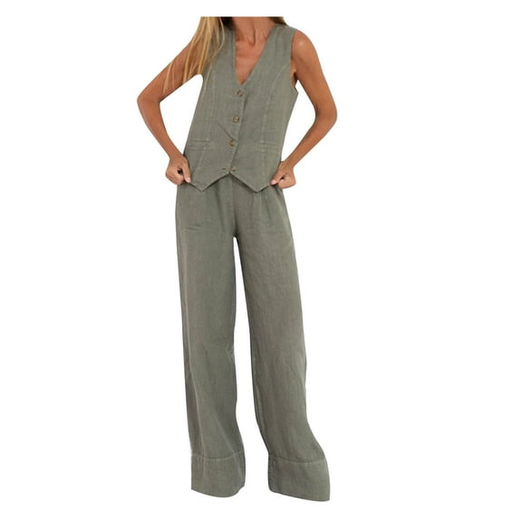 BLTIBY Womens 2 Piece Outfits Cotton Linen Solid Color Business Casual Button Up Vest and Wide Leg Pants Sleeveless Blazer Suit Set with Pockets Gray M