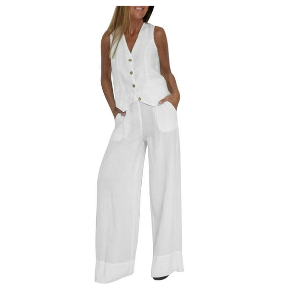 BLTIBY Womens 2 Piece Outfits Cotton Linen Solid Color Business Casual Button Up Vest and Wide Leg Pants Sleeveless Blazer Suit Set with Pockets White XL