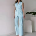 thumbnail image 1 of BLTIBY Womens 2 Piece Set 2025 Solid Color Blazer Trendy V Neck Sleeveless Belted Vest Straight Long Pants Business Suit Sets with Pockets Light Blue M, 1 of 7