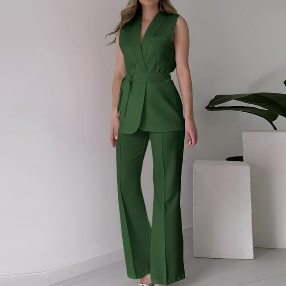 BLTIBY Womens 2 Piece Set 2025 Solid Color Blazer Trendy V Neck Sleeveless Belted Vest Straight Long Pants Business Suit Sets with Pockets Green M