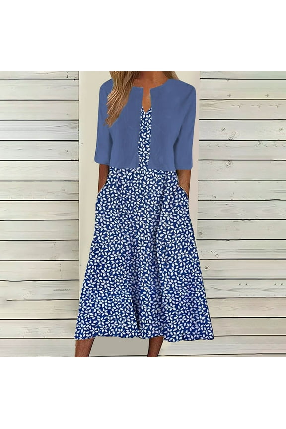 Womens 2 Piece Set Fashion Printed V Neck Long Dress with Jacket Cardigan Wedding Guest Floral Print Midi Dresses with Pockets Navy M