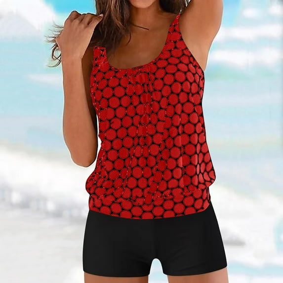 BLTIBY Womens 2 Piece Swimsuits Suspender Tops with Shorts Bathing Suit High Waisted Printed Bikini Sets Fashion Swimwear Red L