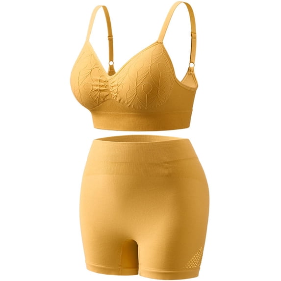 BLTIBY Womens 2 Piece Workout Sets Sports Bra Matching High Waist Soft Shorts Set Solid Gym Outfits Yellow Free Size