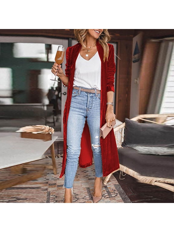 Womens 2024 Open Front Jacket Spring Fall Gold Velvet Long Sleeve Cardigans Fashion Long Split Coats Lightweight Casual Soft Tops Red M