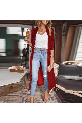 Womens 2024 Open Front Jacket Spring Fall Gold Velvet Long Sleeve Cardigans Fashion Long Split Coats Lightweight Casual Soft Tops Red XL