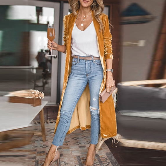 BLTIBY Womens 2024 Open Front Jacket Spring Fall Gold Velvet Long Sleeve Cardigans Fashion Long Split Coats Lightweight Casual Soft Tops Yellow L