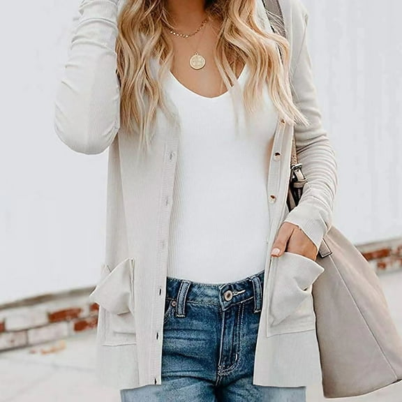 BLTIBY Womens 2024 Open Front Jacket Spring Fall Long Sleeve Button Cardigans Fashion Long Coats Lightweight Casual Soft Tops White L
