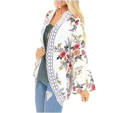 BLTIBY Womens 2024 Open Front Jacket Spring Fall Printed Long Sleeve Cardigans Fashion Coats Lightweight Casual Soft Tops White M