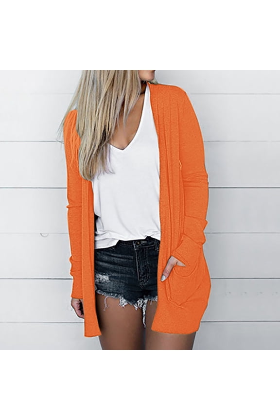 Womens 2024 Open Front Jacket Spring Fall Solid Colour Long Sleeve Cardigans Fashion Coats Lightweight Casual Soft Tops with Pockets Orange XXL