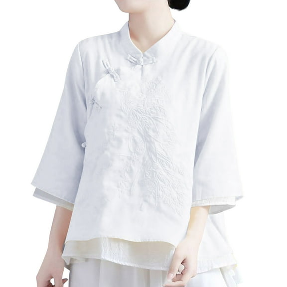 BLTIBY Womens 3/4 Sleeve Cotton Linen Shirts Plate Button Slash Retro Embroidered Tops Dressy Casual Beach Vacation Blouses White 4XL