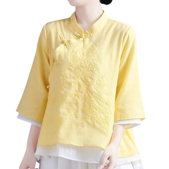 BLTIBY Womens 3/4 Sleeve Cotton Linen Shirts Plate Button Slash Retro Embroidered Tops Dressy Casual Beach Vacation Blouses Yellow XL