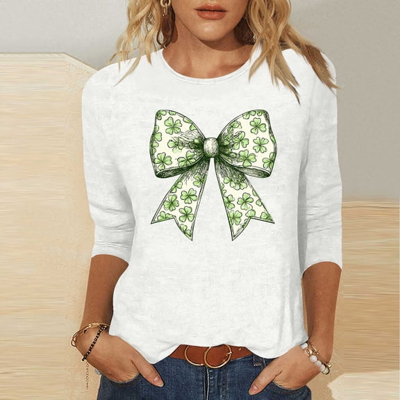 BLTIBY Womens 3/4 Sleeve Crew Neck T-Shirts St. Patrick's Day Spring Shirts Printed Top Fashion Casual Pullover Blouse White 3 XL