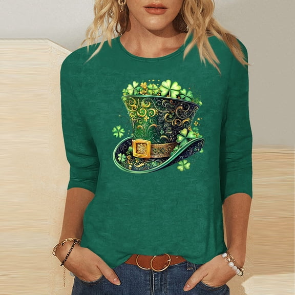 BLTIBY Womens 3/4 Sleeve Crew Neck T-Shirts St. Patrick's Day Spring Shirts Printed Tops Fashion Casual Pullover Blouse Green 2 M